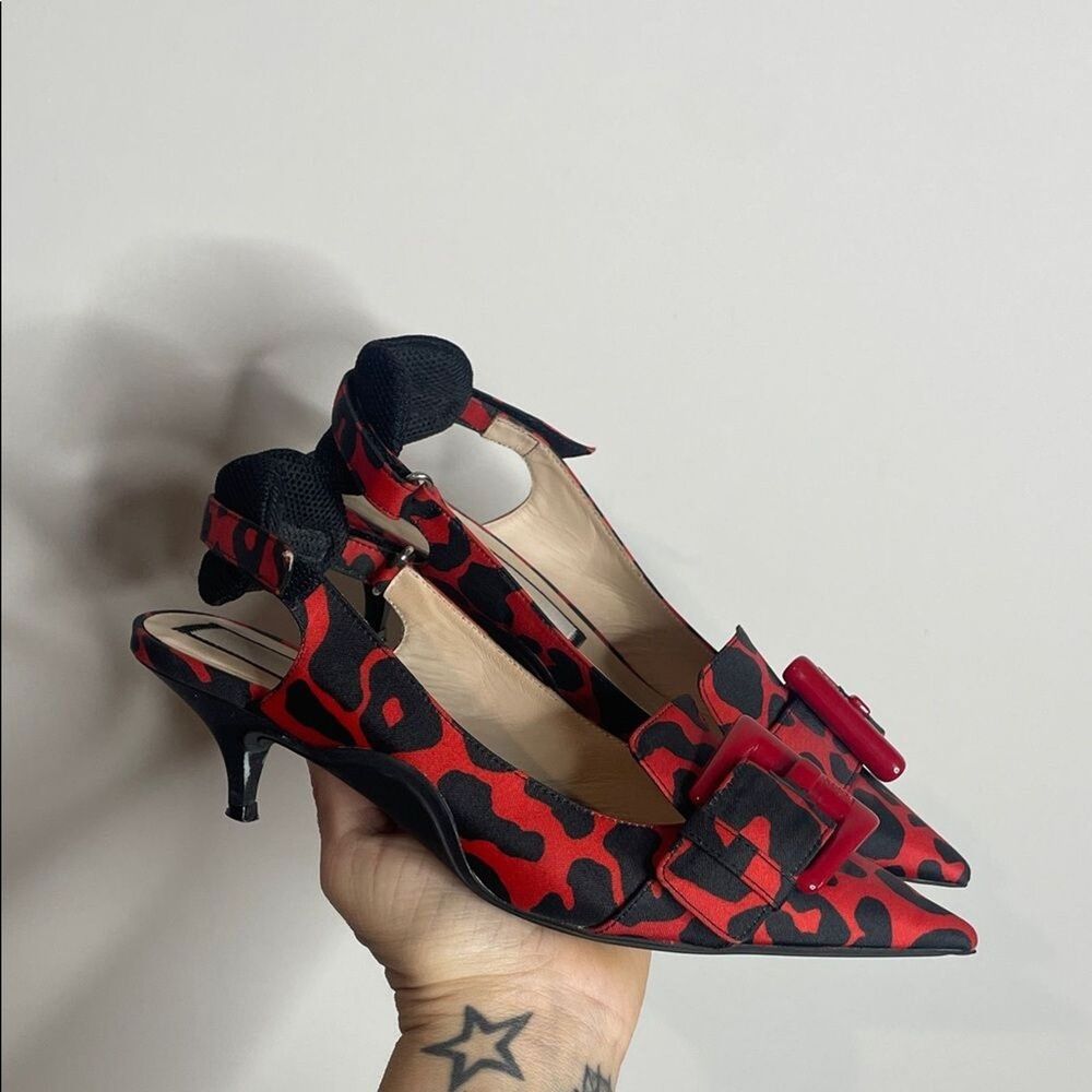 No. 21 Women’s Red & Black Leopard Print Slingback Pointed Toe Pumps Size 8